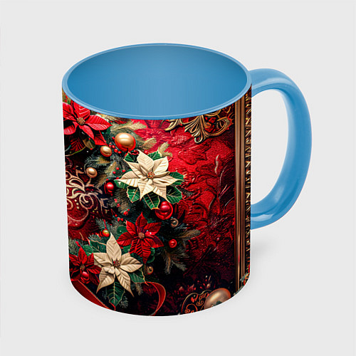 Кружка цветная Новогодний венок с пуансеттией - нейросеть / 3D-Белый + небесно-голубой – фото 1