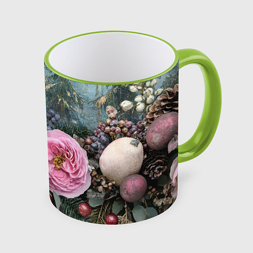 Кружка цветная Новогодние цветы и шишки / 3D-Светло-зеленый кант – фото 1