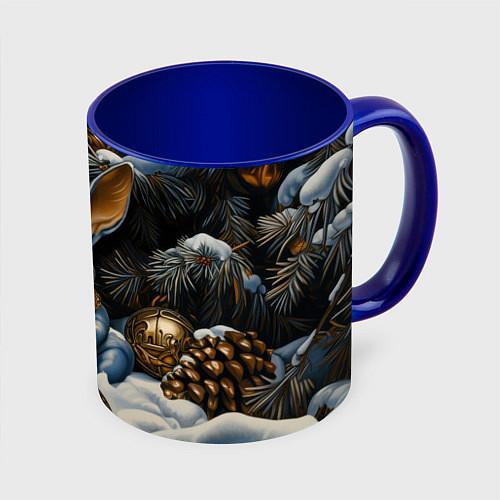 Кружка цветная Новогодний кролик под елкой / 3D-Белый + синий – фото 1