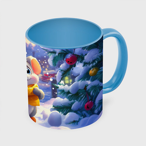 Кружка цветная Счастливый новогодний мышонок / 3D-Белый + небесно-голубой – фото 1