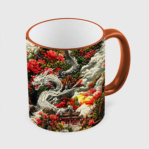 Кружка цветная Дракон в небесном храме - нейросеть / 3D-Оранжевый кант – фото 1