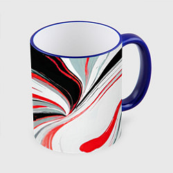 Кружка 3D Волнистые бело-красные линии на чёрном фоне, цвет: 3D-синий кант