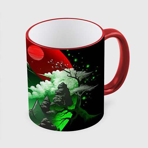 Кружка цветная Япония красно-зеленая природа / 3D-Красный кант – фото 1