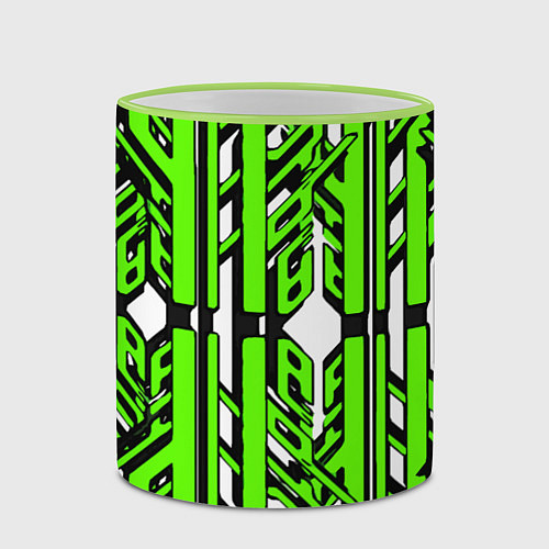 Кружка цветная Чёрно-зелёные техно полосы на белом фоне / 3D-Светло-зеленый кант – фото 2