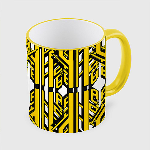 Кружка цветная Чёрно-жёлтые техно полосы на белом фоне / 3D-Желтый кант – фото 1