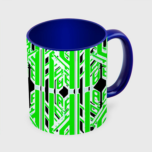Кружка цветная Бело-зелёные техно полосы на чёрном фоне / 3D-Белый + синий – фото 1