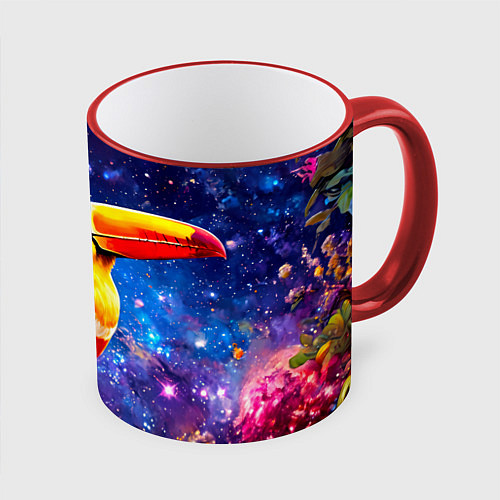 Кружка цветная Тукан в космосе / 3D-Красный кант – фото 1
