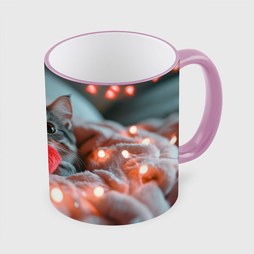 Кружка цветная Котик с сердечком / 3D-Розовый кант – фото 1