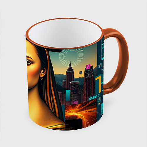 Кружка цветная Современная мона лиза / 3D-Оранжевый кант – фото 1