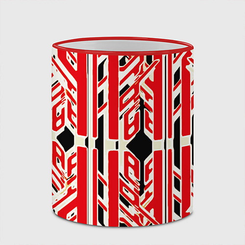 Кружка цветная Бело-красные техно полосы на чёрном фоне / 3D-Красный кант – фото 2