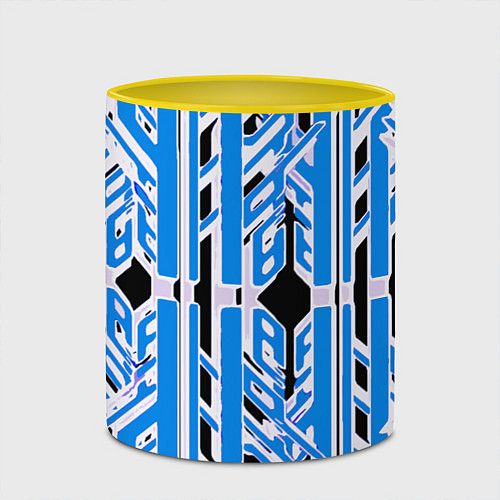 Кружка цветная Бело-синие техно полосы на чёрном фоне / 3D-Белый + желтый – фото 2