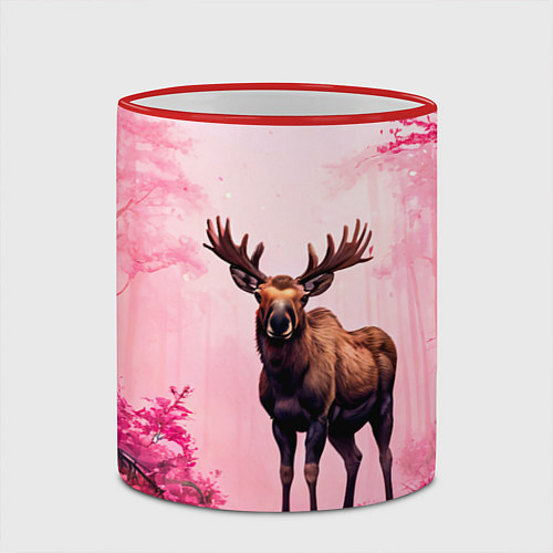 Кружка цветная Лось в розовом лесу / 3D-Красный кант – фото 2