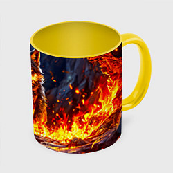 Кружка 3D Волк в огненной пещере, цвет: 3D-белый + желтый
