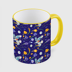 Кружка 3D Зяблик и крокусы, цвет: 3D-желтый кант