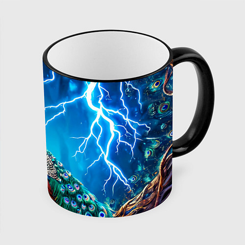 Кружка цветная Павлин и молния / 3D-Черный кант – фото 1