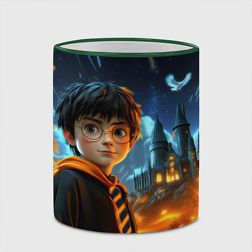 Кружка цветная Гарри Поттер на фоне огня / 3D-Зеленый кант – фото 2