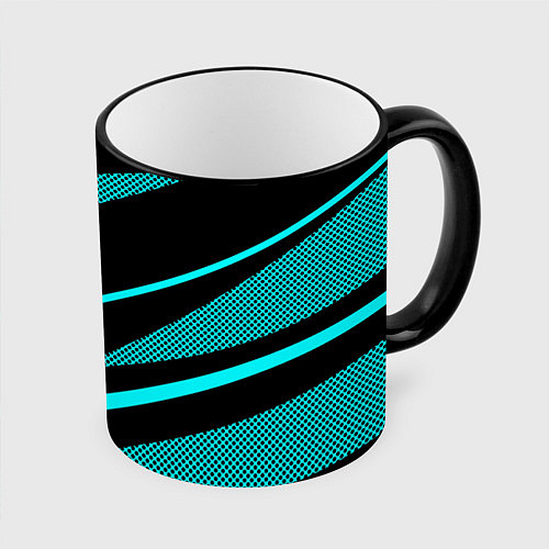 Кружка цветная Чёрный с голубым полосы текстура / 3D-Черный кант – фото 1