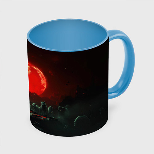 Кружка цветная Белый волк на фоне красной луны / 3D-Белый + небесно-голубой – фото 1