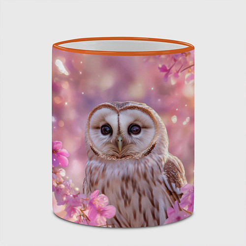 Кружка цветная Белая сова и розовые цветы / 3D-Оранжевый кант – фото 2