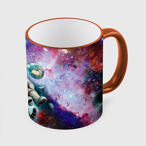 Кружка цветная Brave cat in space - ai art / 3D-Оранжевый кант – фото 1