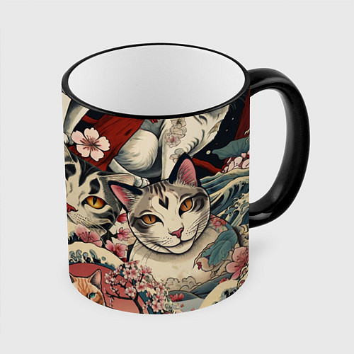 Кружка цветная Котики и рыбки в сакуре / 3D-Черный кант – фото 1