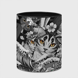Кружка 3D С котами и рыбой на фоне сакуры в волнах, цвет: 3D-белый + черный — фото 2