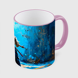 Кружка 3D Боец айкидо на синем, цвет: 3D-розовый кант