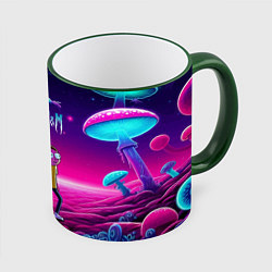 Кружка 3D Морти и Рик на планете неоновых сказочных грибов, цвет: 3D-зеленый кант