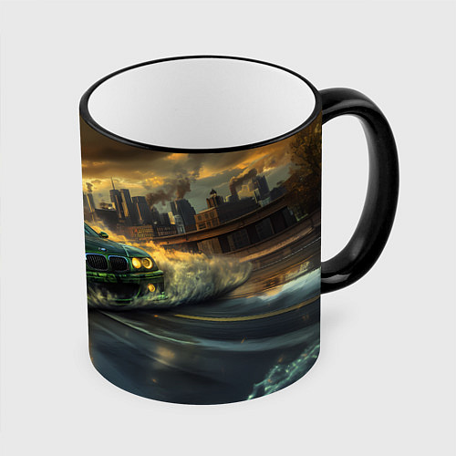 Кружка цветная Зеленый BMW волны на асфальте / 3D-Черный кант – фото 1