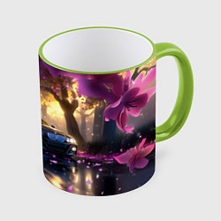 Кружка 3D БМВ и фиолетовые цветы, цвет: 3D-светло-зеленый кант