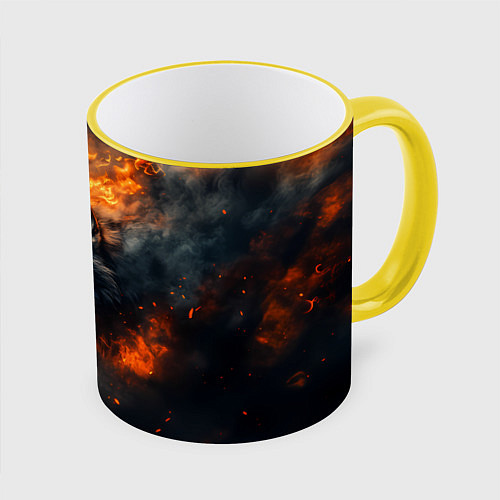 Кружка цветная Волк в огне и дыме / 3D-Желтый кант – фото 1