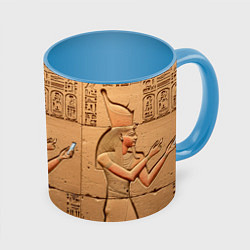 Кружка 3D Фараон со смартфоном египетский барельеф, цвет: 3D-белый + небесно-голубой
