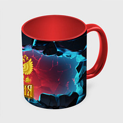 Кружка 3D Герб России и неоновые разломы, цвет: 3D-белый + красный
