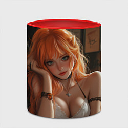 Кружка 3D Скромная рыжая девушка на диване, цвет: 3D-белый + красный — фото 2