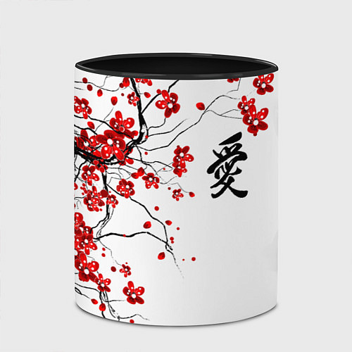 Кружка цветная Сакура с иероглифом Любовь / 3D-Белый + черный – фото 2