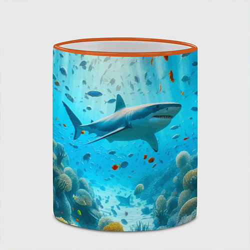 Кружка цветная Белая акула в коралловом рифе / 3D-Оранжевый кант – фото 2