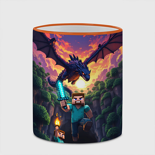 Кружка цветная Дракон края и Стив - Майнкрафт арт / 3D-Оранжевый кант – фото 2