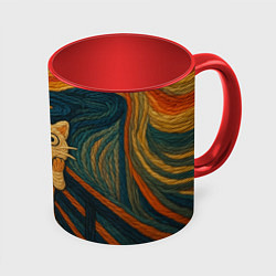 Кружка 3D Котик Крик - вязаный нейроарт, цвет: 3D-белый + красный