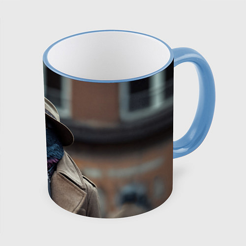 Кружка цветная Голубь шпион с ретро фотокамерой / 3D-Небесно-голубой кант – фото 1
