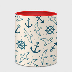 Кружка 3D Морской паттерн из штурвалов, чаек и якорей, цвет: 3D-белый + красный — фото 2