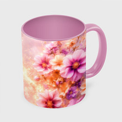 Кружка 3D Нежный розовый цветочный с золотистым свечением, цвет: 3D-белый + розовый