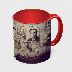 Кружка 3D Пришелец идёт вдоль стены с рваными афишами, цвет: 3D-белый + красный