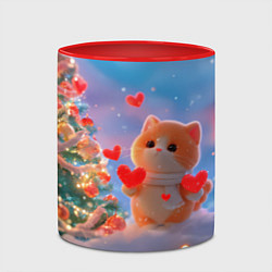 Кружка 3D Рыжий котенок в сердечках у елочки, цвет: 3D-белый + красный — фото 2