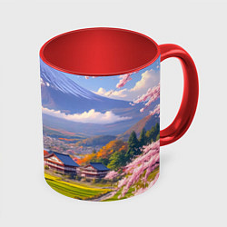 Кружка 3D Сакура у подножия Фудзиямы, цвет: 3D-белый + красный