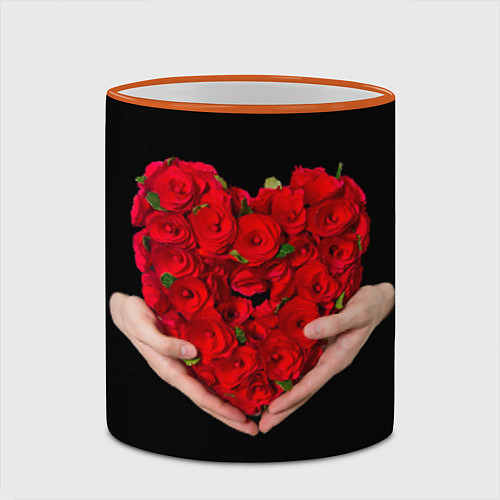 Кружка цветная Сердце роз в руках / 3D-Оранжевый кант – фото 2
