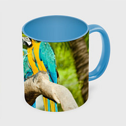 Кружка 3D Попугаи на ветке, цвет: 3D-белый + небесно-голубой