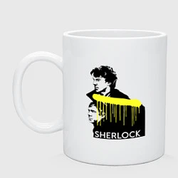 Кружка керамическая Sherlock: Yellow line, цвет: белый