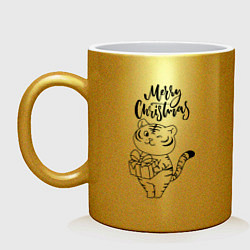 Кружка керамическая Merry Christmas Тигр с подарком, цвет: золотой