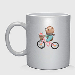 Кружка керамическая Медведь с цветами на велосипеде, цвет: серебряный