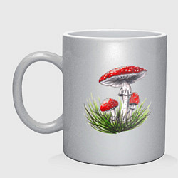 Кружка керамическая Мухоморы в траве, цвет: серебряный